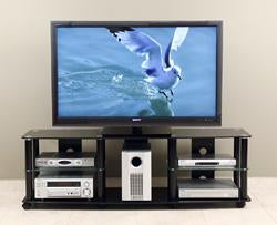 65" gloss black tempered glass TV stand with high gloss black finish metal poles