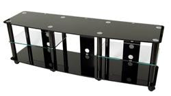 65" gloss black tempered glass TV stand with high gloss black finish metal poles