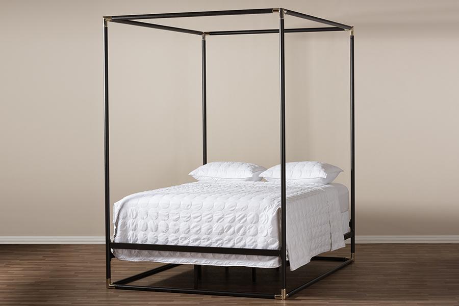 Baxton Studio Eva Vintage Industrial Black Finished Metal Canopy Queen Bed