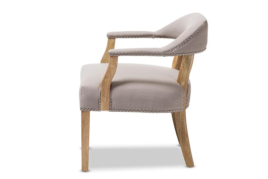 Baxton Studio Macee French Vintage Cottage Weathered Oak Finish Wood and Beige Fabric Upholstered Accent Chair