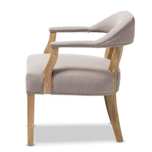 Baxton Studio Macee French Vintage Cottage Weathered Oak Finish Wood and Beige Fabric Upholstered Accent Chair