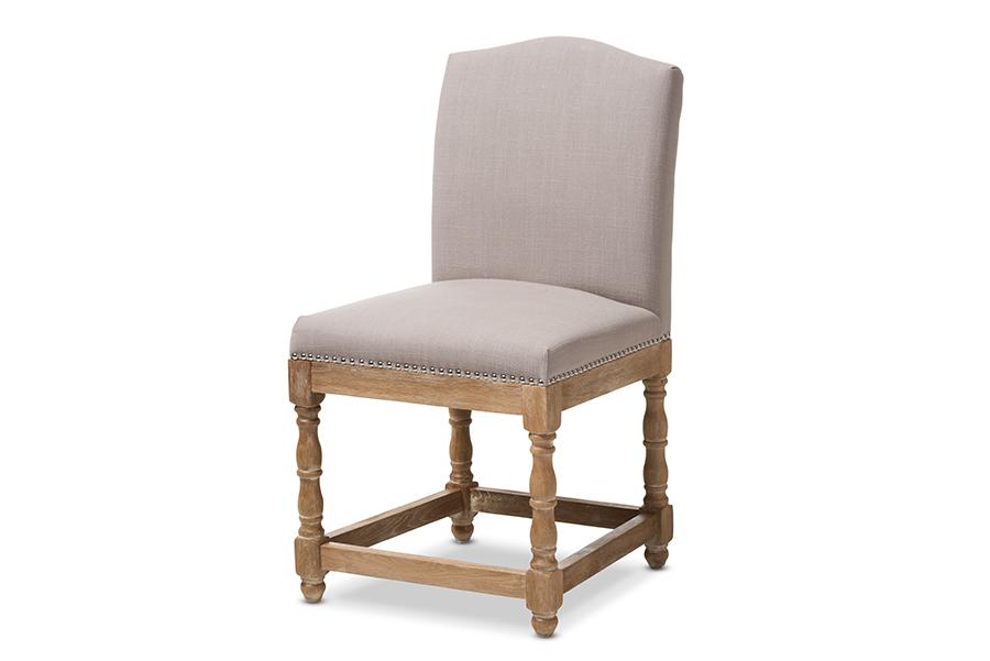 Baxton Studio Paige French Vintage Cottage Weathered Oak Finish Wood and Beige Fabric Upholstered Dining Side Chair