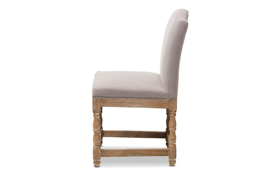 Baxton Studio Paige French Vintage Cottage Weathered Oak Finish Wood and Beige Fabric Upholstered Dining Side Chair