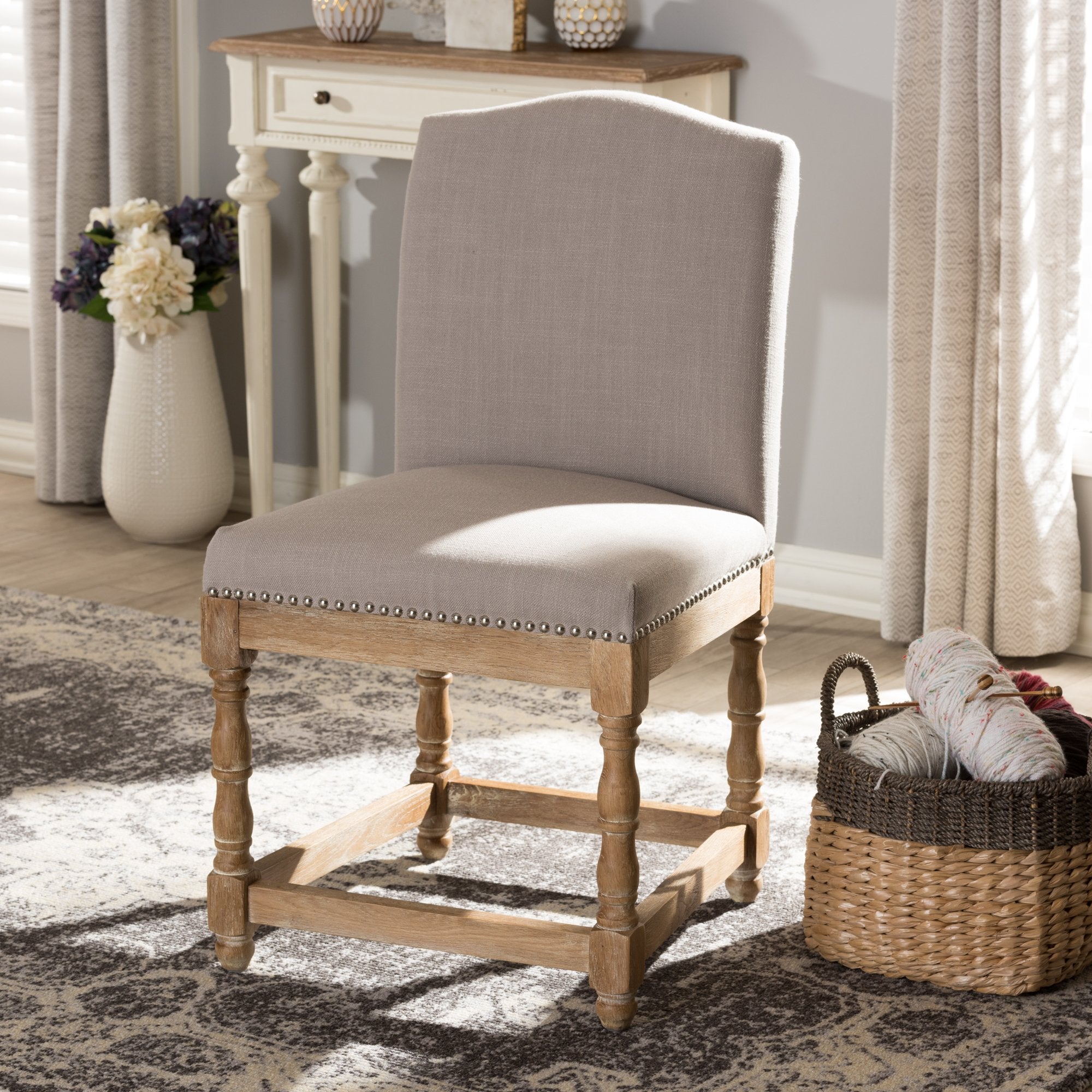 Baxton Studio Paige French Vintage Cottage Weathered Oak Finish Wood and Beige Fabric Upholstered Dining Side Chair