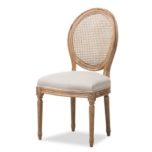 Baxton Studio Adelia French Vintage Cottage Weathered Oak Finish Wood and Beige Fabric Upholstered Dining Side Chair with Round Cane Back