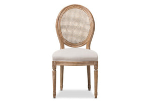 Baxton Studio Adelia French Vintage Cottage Weathered Oak Finish Wood and Beige Fabric Upholstered Dining Side Chair with Round Cane Back