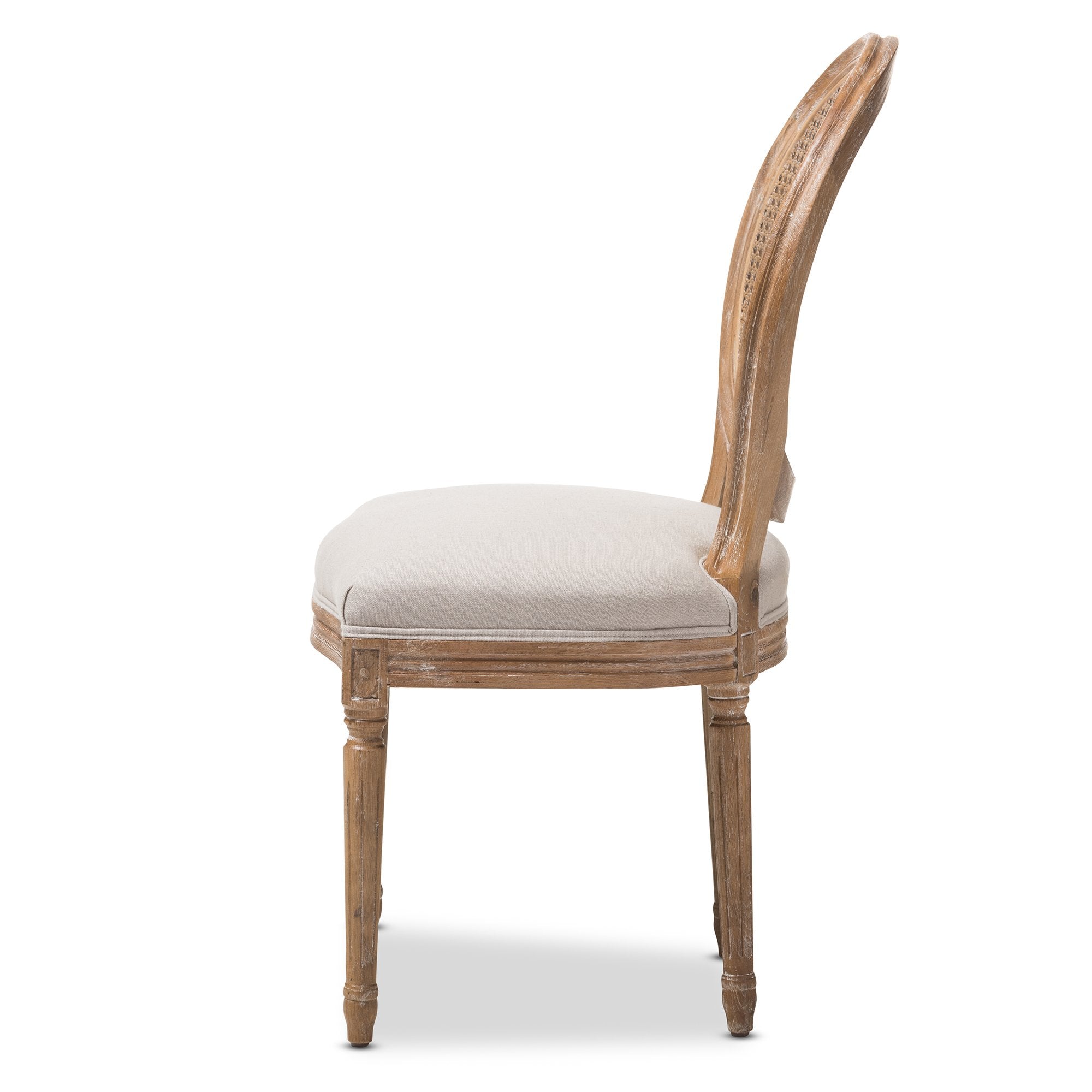 Baxton Studio Adelia French Vintage Cottage Weathered Oak Finish Wood and Beige Fabric Upholstered Dining Side Chair with Round Cane Back