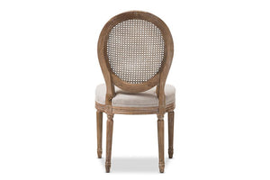 Baxton Studio Adelia French Vintage Cottage Weathered Oak Finish Wood and Beige Fabric Upholstered Dining Side Chair with Round Cane Back