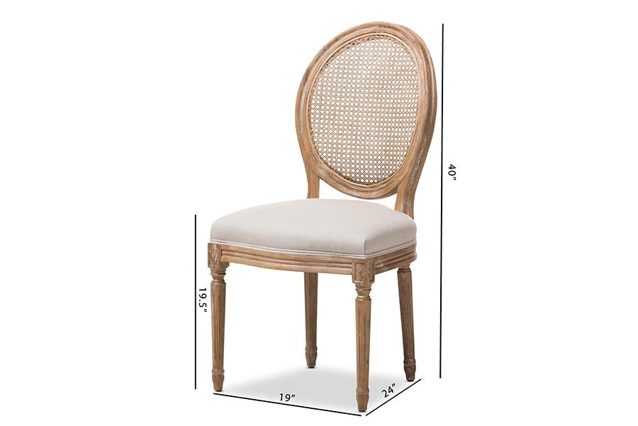 Baxton Studio Adelia French Vintage Cottage Weathered Oak Finish Wood and Beige Fabric Upholstered Dining Side Chair with Round Cane Back