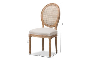 Baxton Studio Adelia French Vintage Cottage Weathered Oak Finish Wood and Beige Fabric Upholstered Dining Side Chair with Round Cane Back