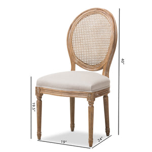 Baxton Studio Adelia French Vintage Cottage Weathered Oak Finish Wood and Beige Fabric Upholstered Dining Side Chair with Round Cane Back