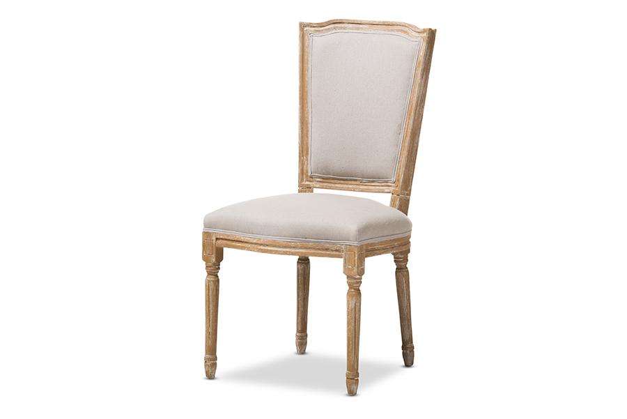 Baxton Studio Cadencia French Vintage Cottage Weathered Oak Finish Wood and Beige Fabric Upholstered Dining Side Chair