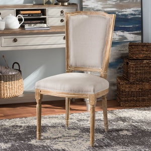 Baxton Studio Cadencia French Vintage Cottage Weathered Oak Finish Wood and Beige Fabric Upholstered Dining Side Chair