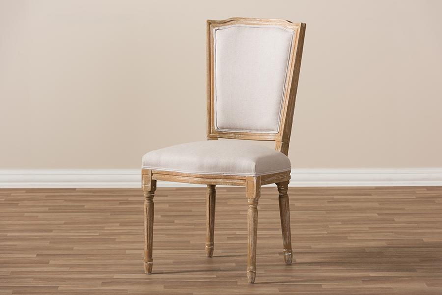 Baxton Studio Cadencia French Vintage Cottage Weathered Oak Finish Wood and Beige Fabric Upholstered Dining Side Chair