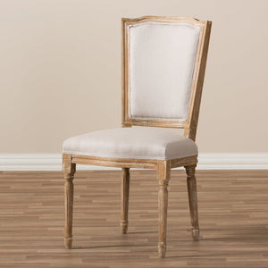 Baxton Studio Cadencia French Vintage Cottage Weathered Oak Finish Wood and Beige Fabric Upholstered Dining Side Chair