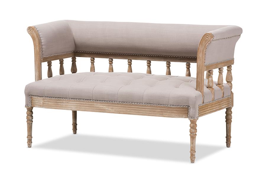 Baxton Studio Nora Swedish Gustavian Style Distressed Oak Wood Linen Upholstered Sofa Settee