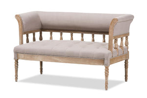 Baxton Studio Nora Swedish Gustavian Style Distressed Oak Wood Linen Upholstered Sofa Settee