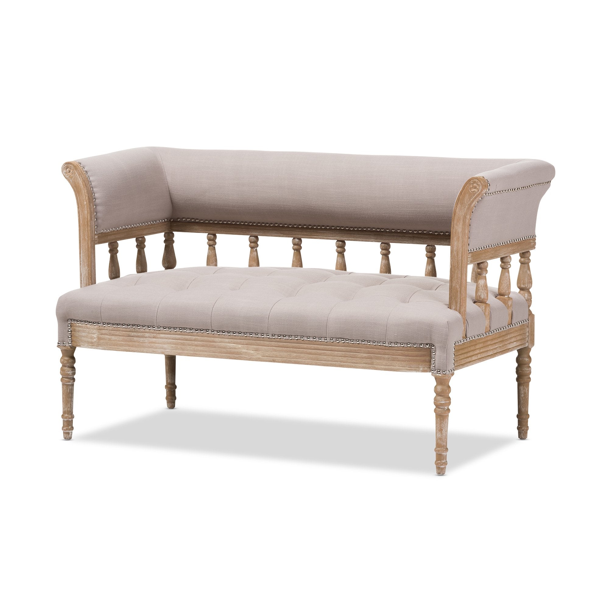 Baxton Studio Nora Swedish Gustavian Style Distressed Oak Wood Linen Upholstered Sofa Settee