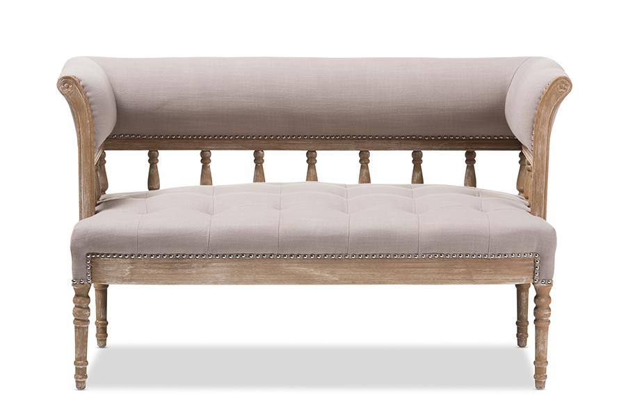 Baxton Studio Nora Swedish Gustavian Style Distressed Oak Wood Linen Upholstered Sofa Settee