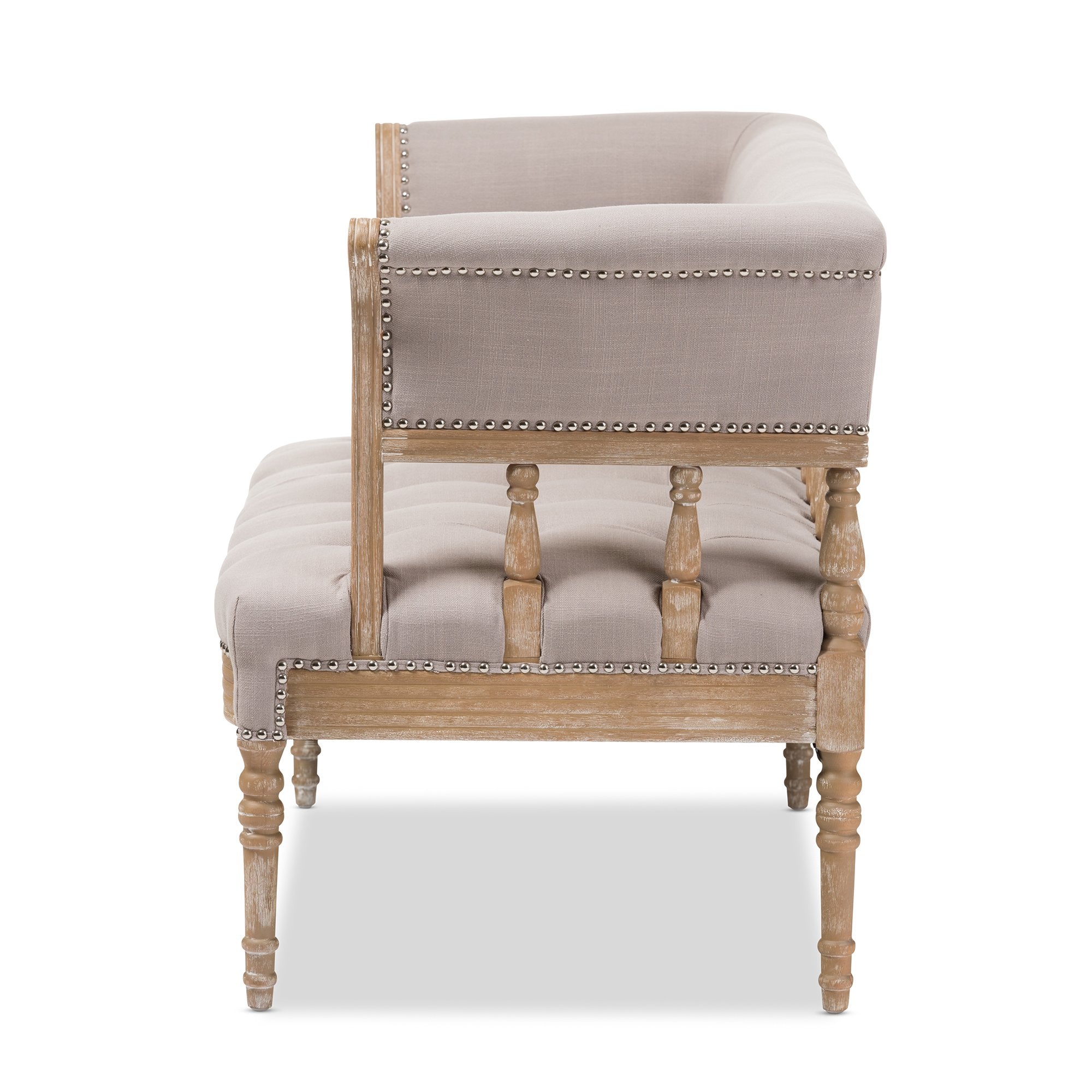 Baxton Studio Nora Swedish Gustavian Style Distressed Oak Wood Linen Upholstered Sofa Settee