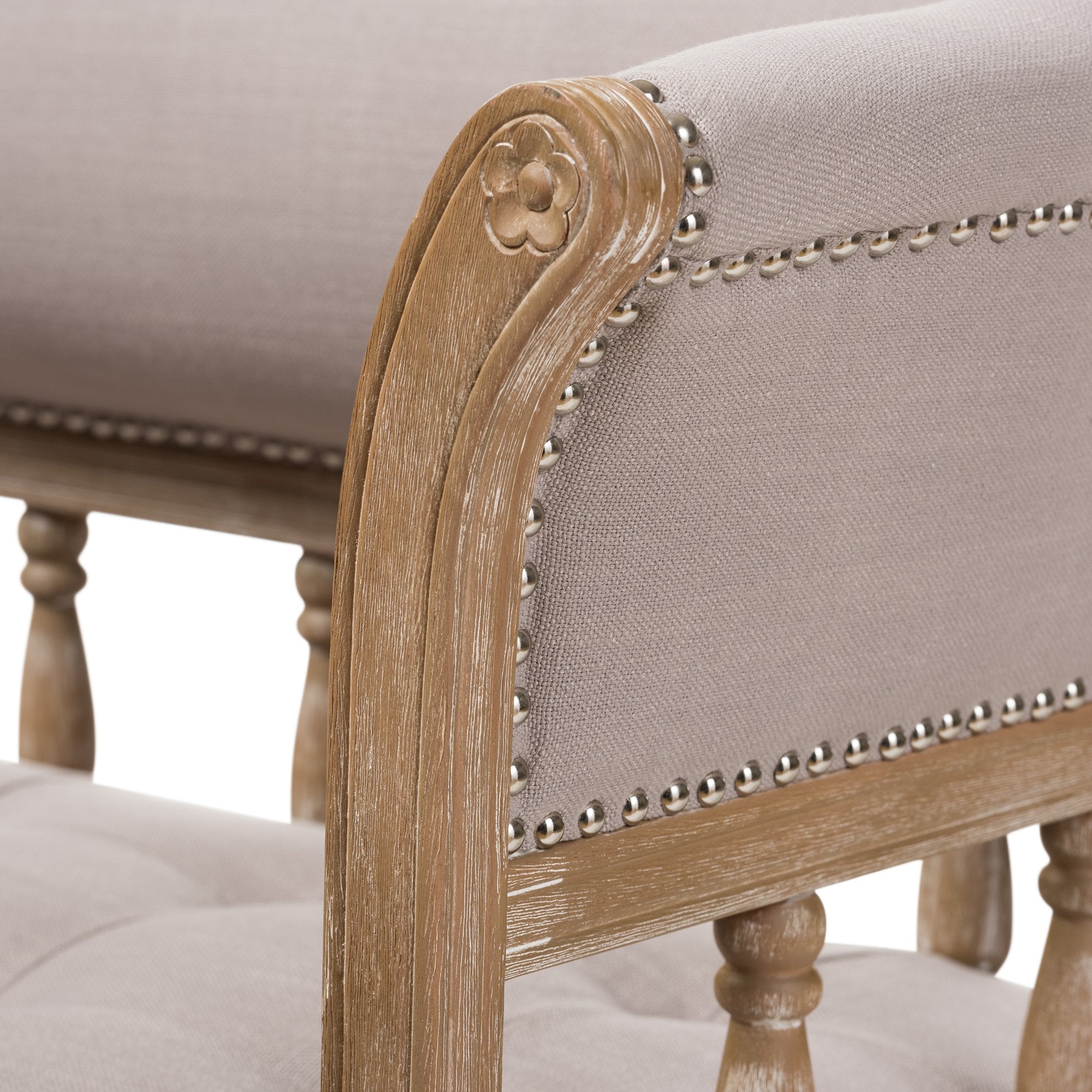 Baxton Studio Nora Swedish Gustavian Style Distressed Oak Wood Linen Upholstered Sofa Settee