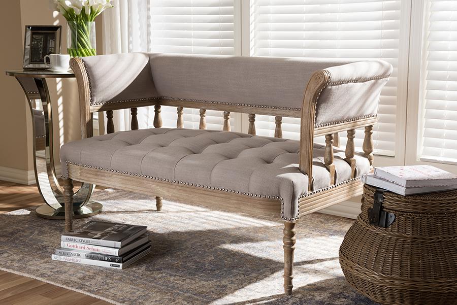 Baxton Studio Nora Swedish Gustavian Style Distressed Oak Wood Linen Upholstered Sofa Settee