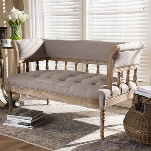 Baxton Studio Nora Swedish Gustavian Style Distressed Oak Wood Linen Upholstered Sofa Settee