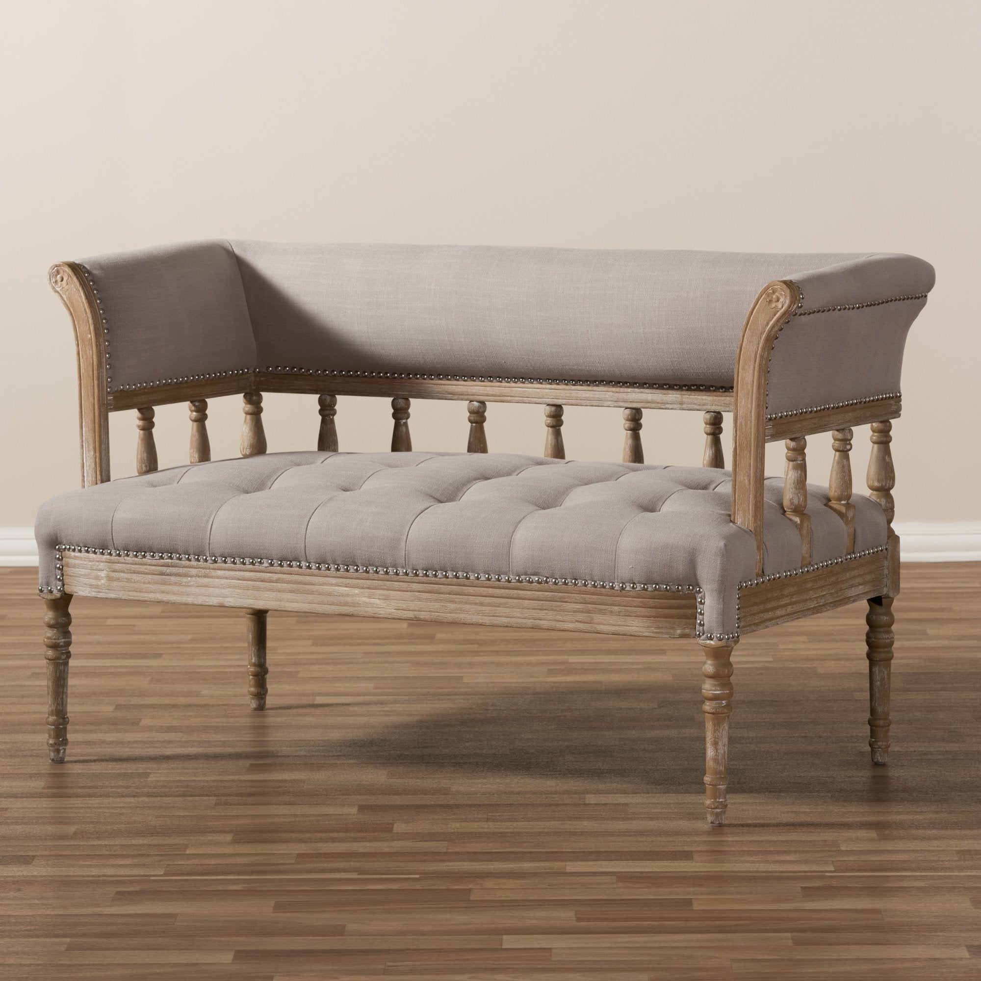 Baxton Studio Nora Swedish Gustavian Style Distressed Oak Wood Linen Upholstered Sofa Settee