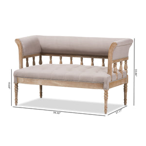 Baxton Studio Nora Swedish Gustavian Style Distressed Oak Wood Linen Upholstered Sofa Settee