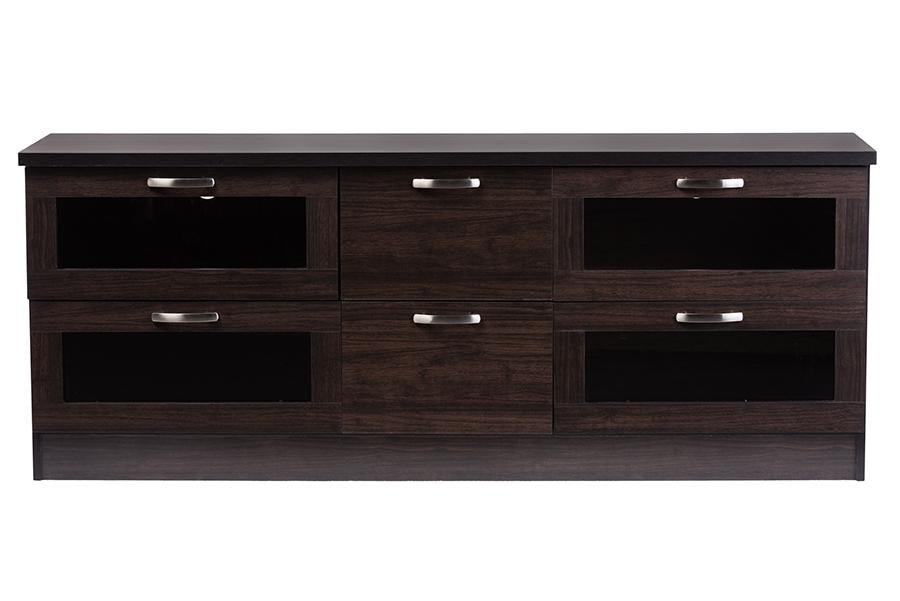 Baxton Studio Adelino 63 Inches Dark Brown Wood TV Cabinet with 4 Glass Doors and 2 Drawers