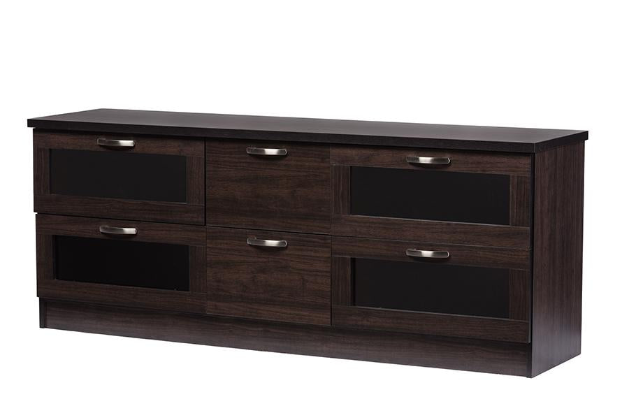 Baxton Studio Adelino 63 Inches Dark Brown Wood TV Cabinet with 4 Glass Doors and 2 Drawers