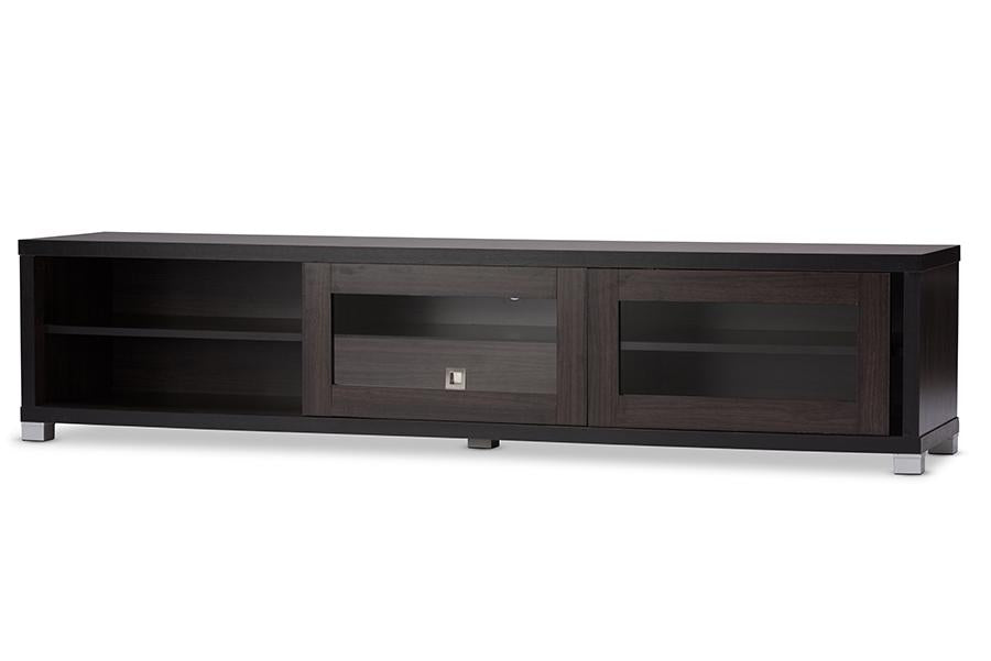 Baxton Studio Beasley 70-Inch Dark Brown TV Cabinet with 2 Sliding Doors and Drawer