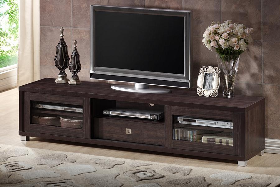 Baxton Studio Beasley 70-Inch Dark Brown TV Cabinet with 2 Sliding Doors and Drawer