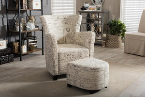 Baxton Studio Benson French Script Patterned Fabric Club Chair and Ottoman Set