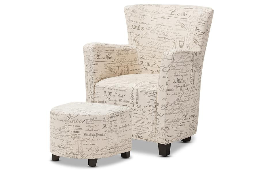 Baxton Studio Benson French Script Patterned Fabric Club Chair and Ottoman Set