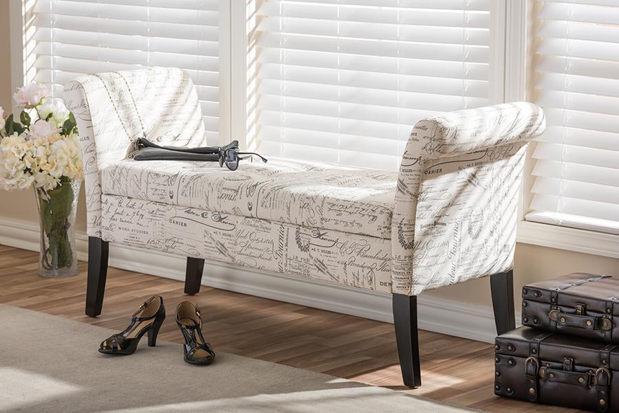 Baxton Studio Avignon Script-Patterned French Laundry Fabric Storage Ottoman Bench