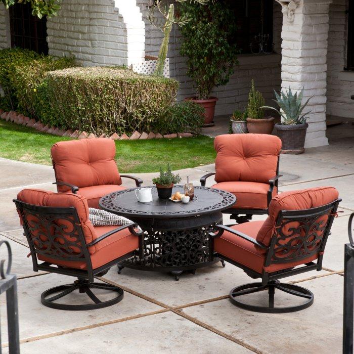 5-Piece Swivel Patio Lounge Chair Set with 4-Foot Round Cast Aluminum Fire Pit and Conversion Kit