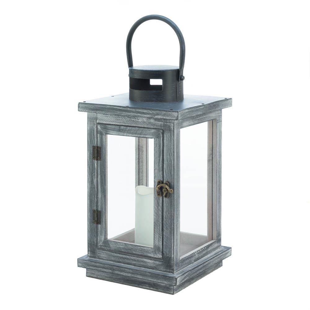 Distressed Gray Lantern with LED Candle - UNQFurniture